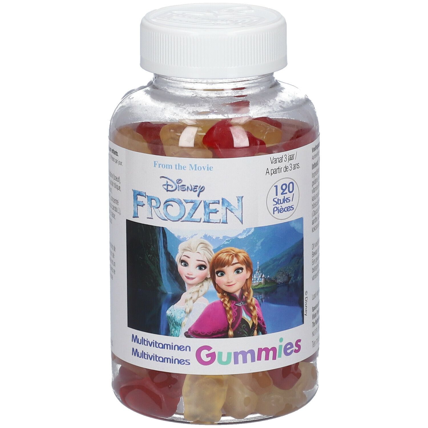 Transparante fles met gummies. Etiket met Frozen-figuren, tekst: Multivitamine Gummies.
