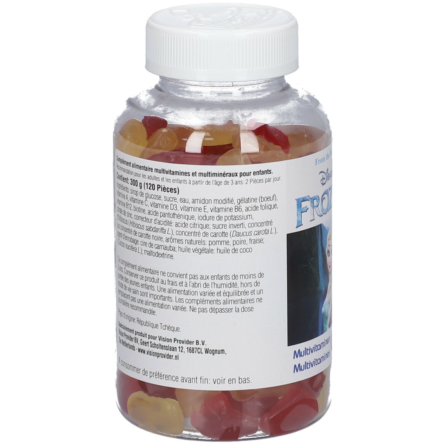 Achterkant van een transparante fles met gummies. Tekst: Ingrediënten, voedingswaarde.