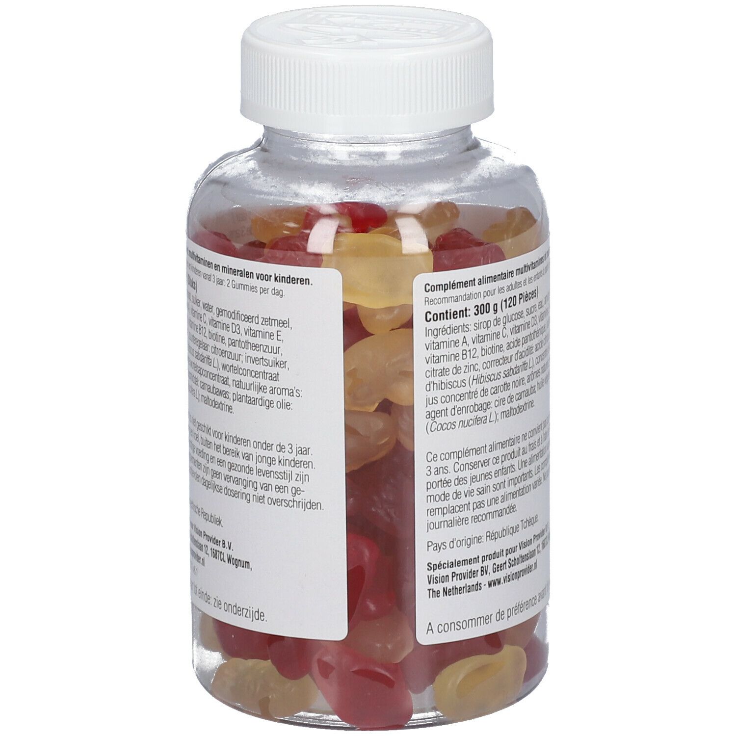 Achterkant van een transparante fles met gummies. Tekst: Ingrediënten, voedingswaarde.