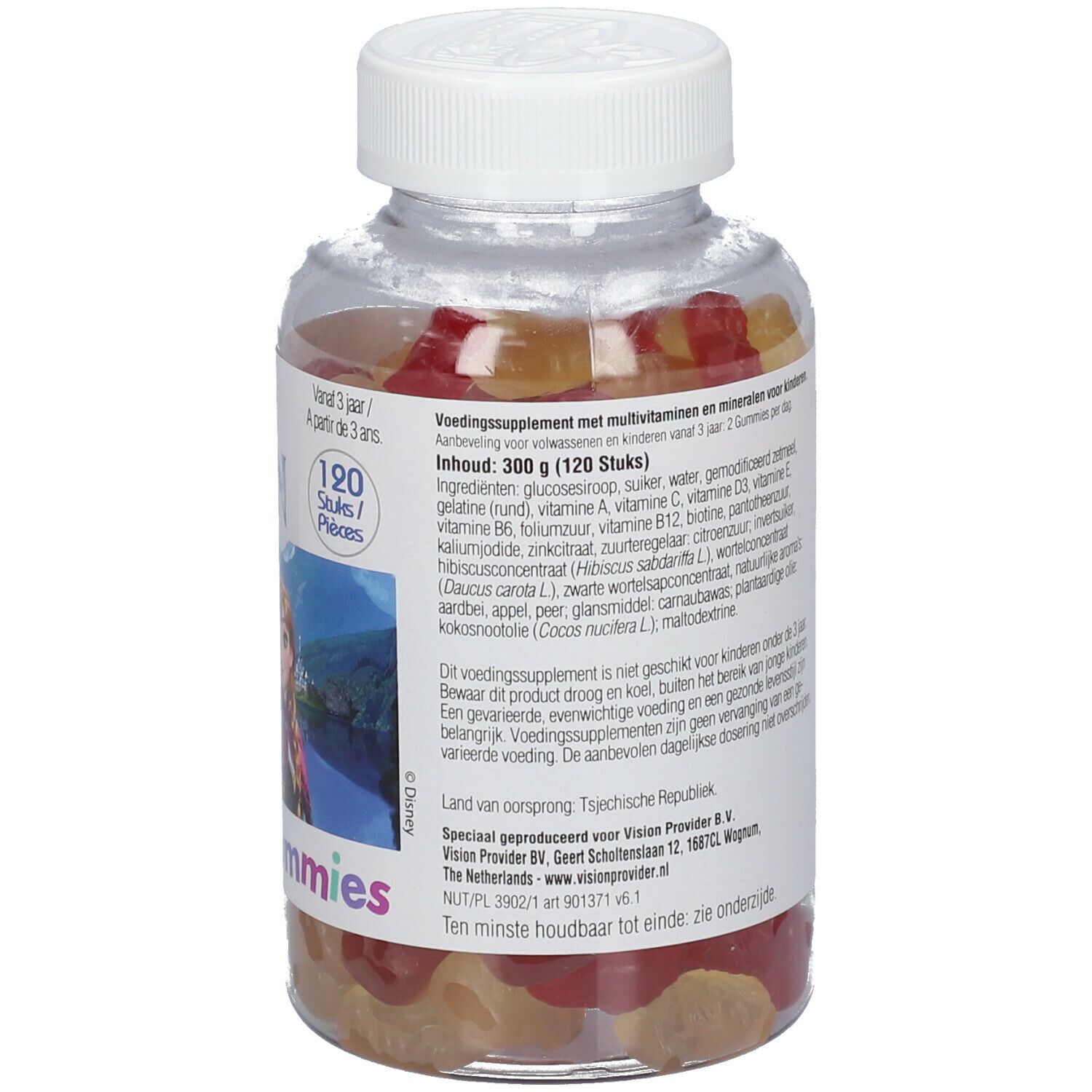 Achterkant van een transparante fles met gummies. Tekst: Ingrediënten, voedingswaarde.