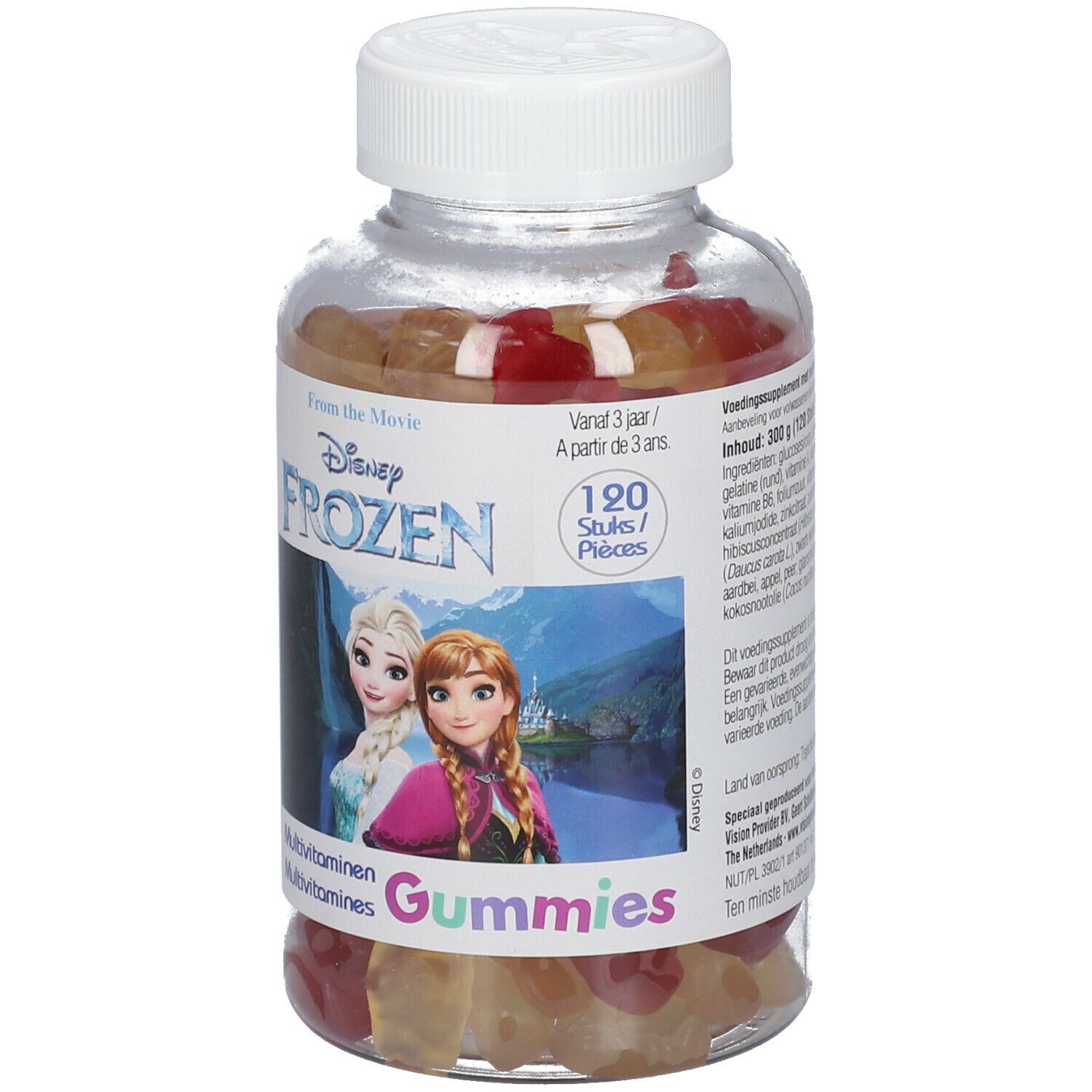 Transparante fles met gummies. Etiket met Frozen-figuren, tekst: Multivitamine Gummies.