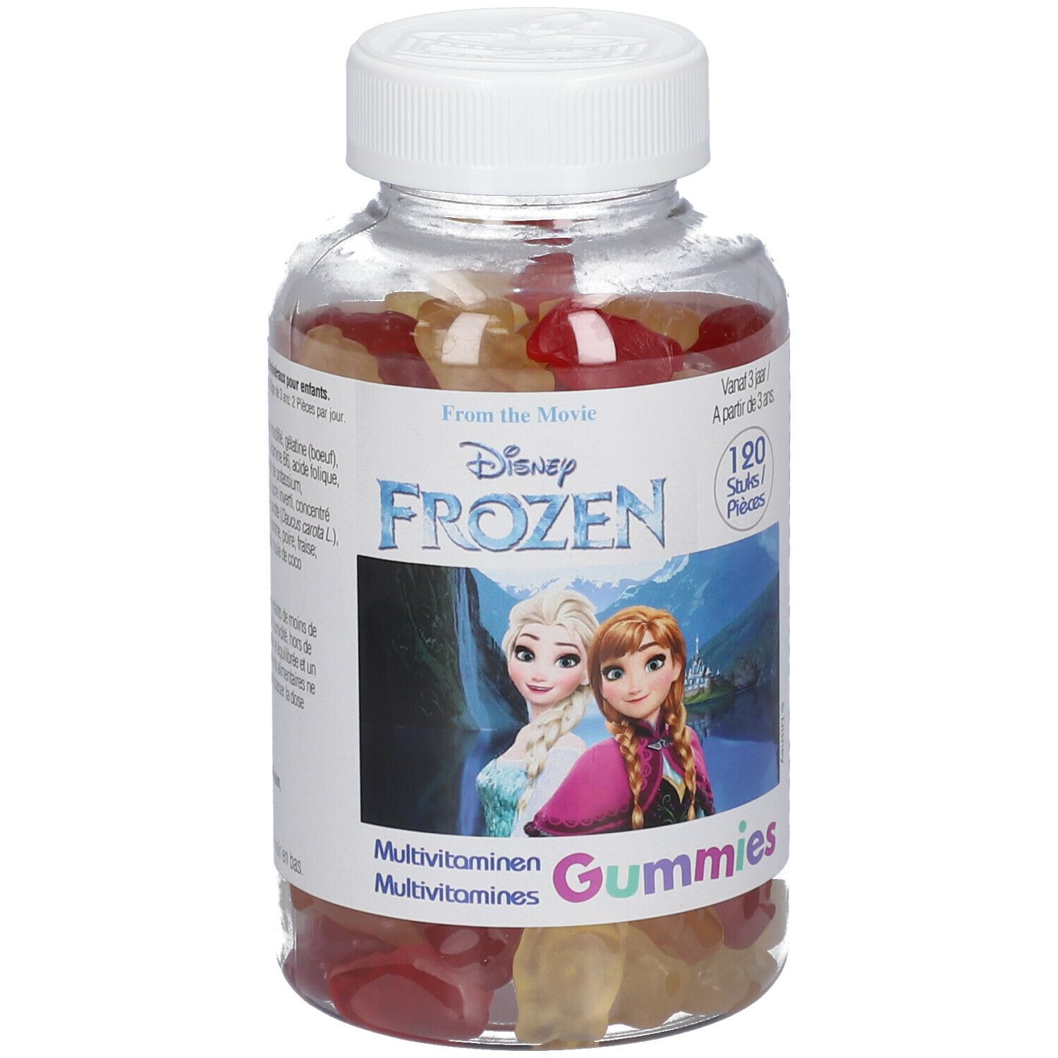 Transparante fles met gummies. Etiket met Frozen-figuren, tekst: Multivitamine Gummies.