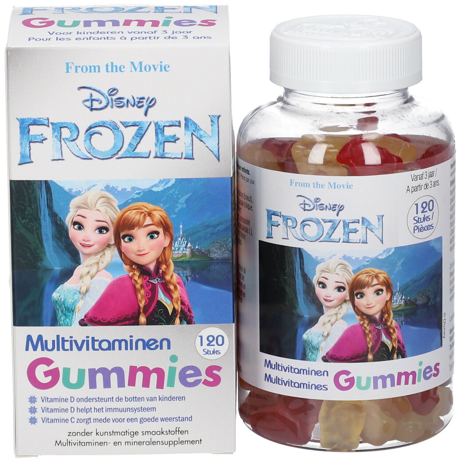 Productverpakking en fles met gummies. Etiket met Frozen-figuren, tekst: Multivitamine Gummies.