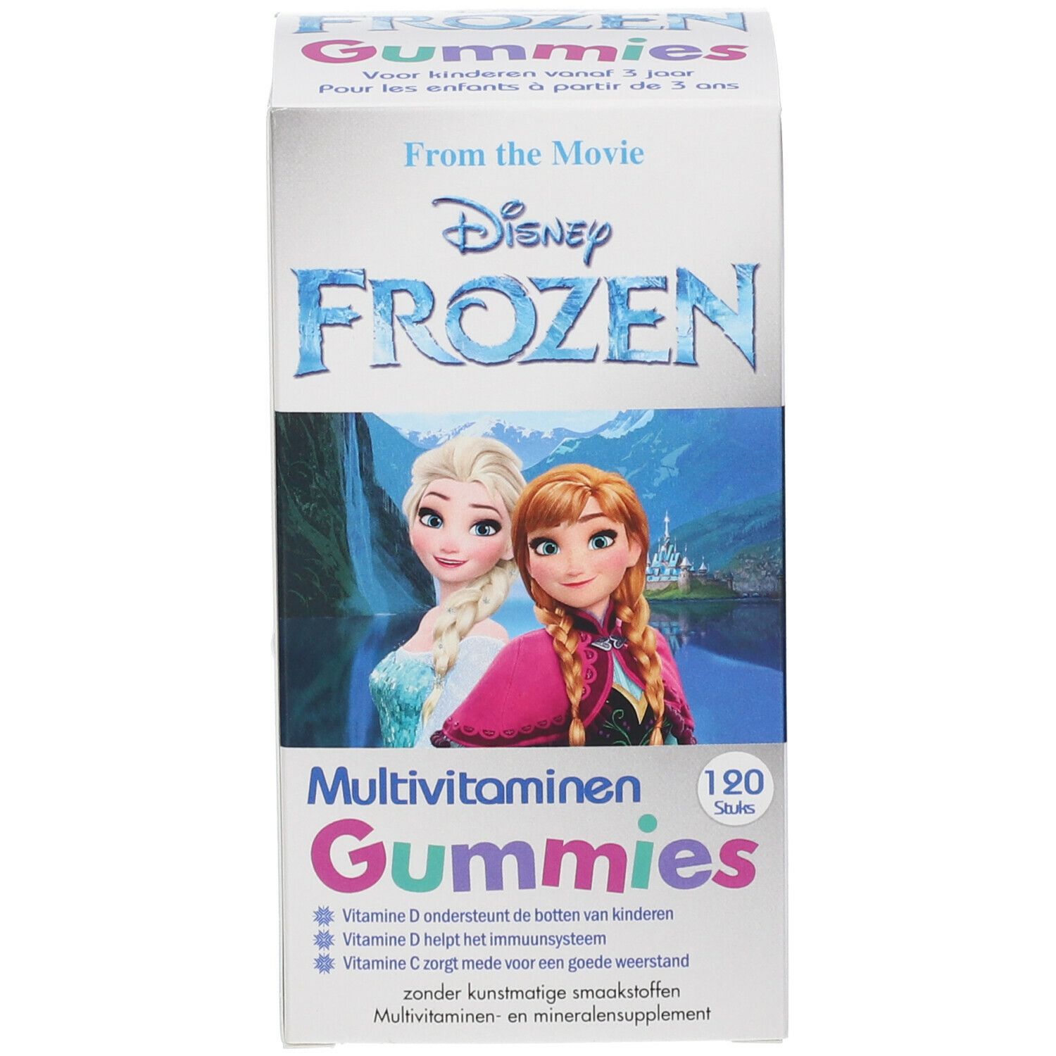 Productverpakking met Frozen-figuren, tekst: Multivitamine Gummies.