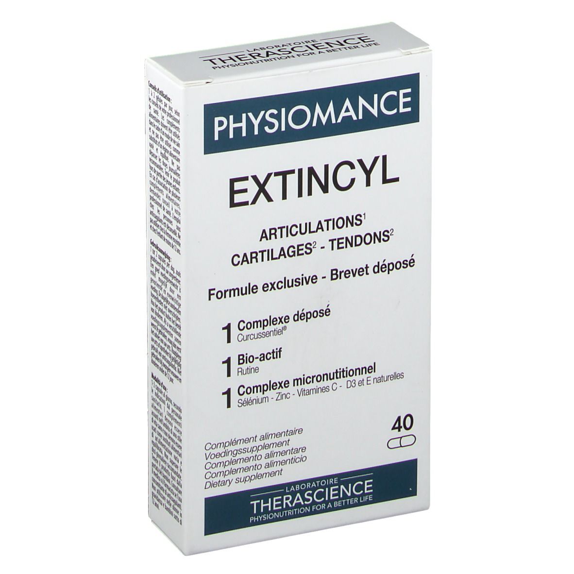 Boîte blanche PHYSIOMANCE EXTINCYL. Contient 40 gélules. Indications : articulations, cartilages, tendons. Formule exclusive.