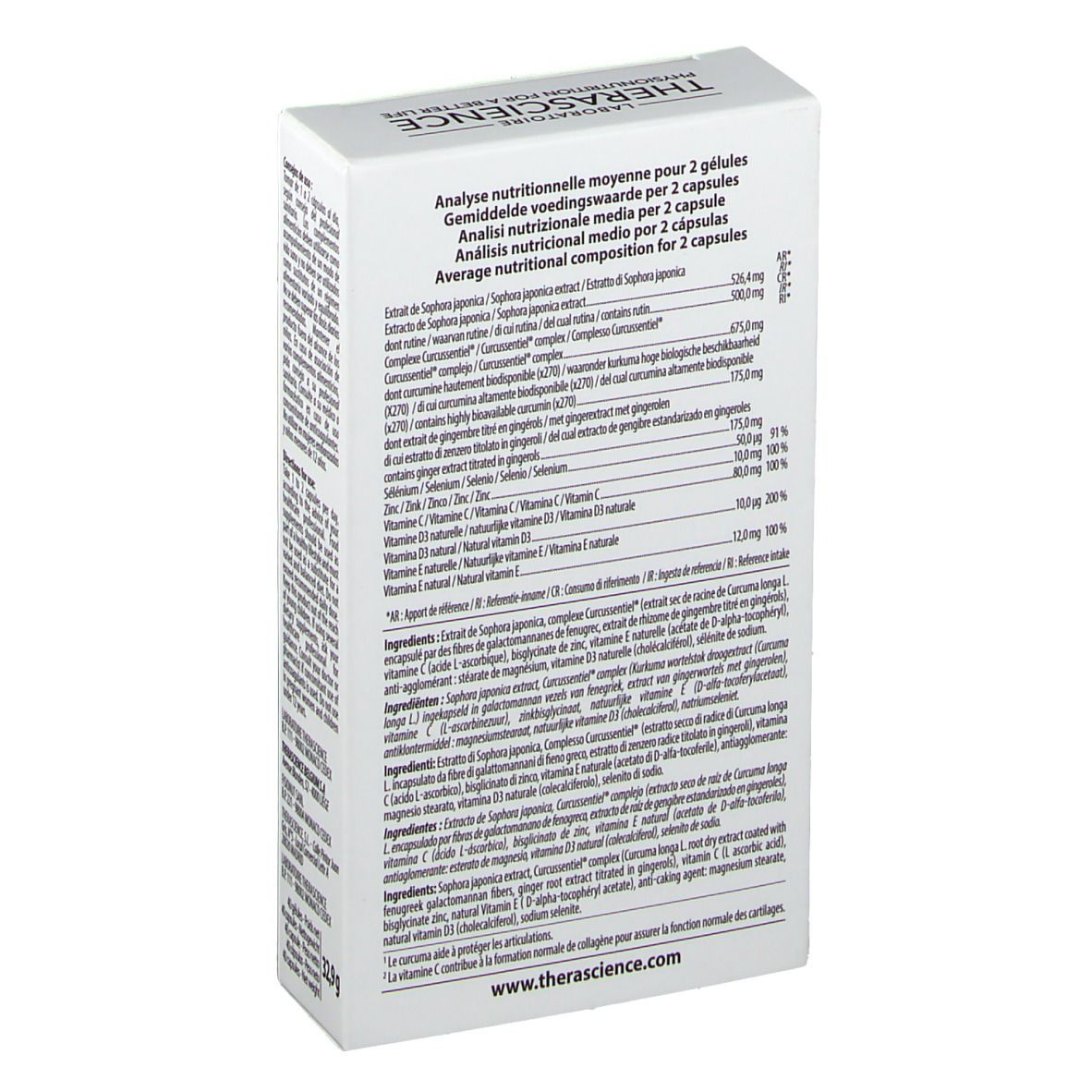 Dos de la boîte blanche PHYSIOMANCE EXTINCYL. Contient des informations nutritionnelles pour 2 gélules. Texte multilingue.