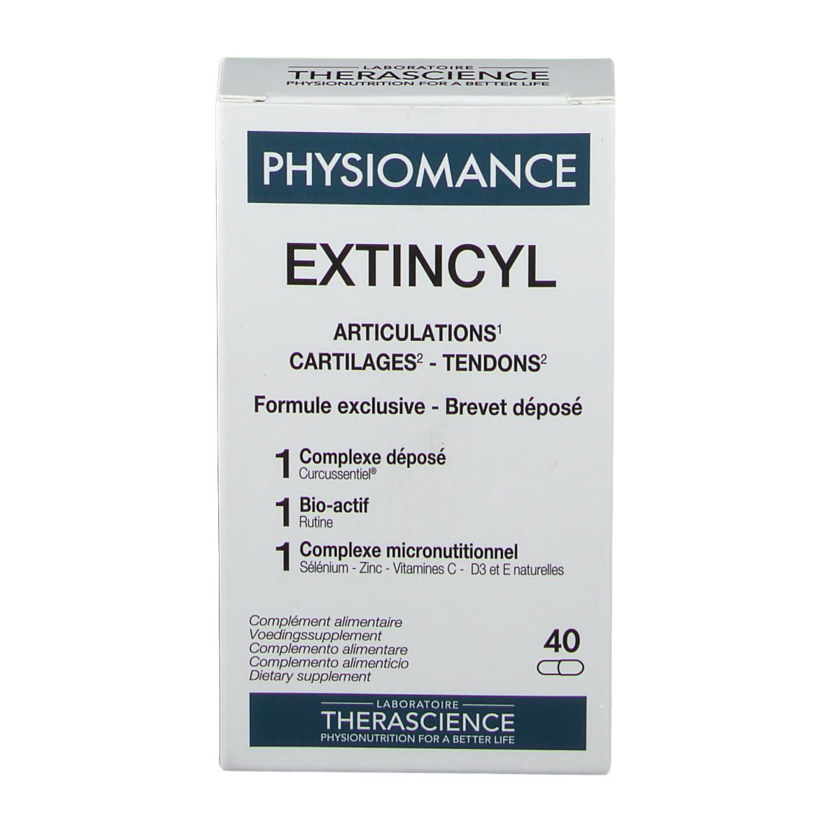 Boîte blanche PHYSIOMANCE EXTINCYL. Contient 40 gélules. Indications : articulations, cartilages, tendons. Formule exclusive.