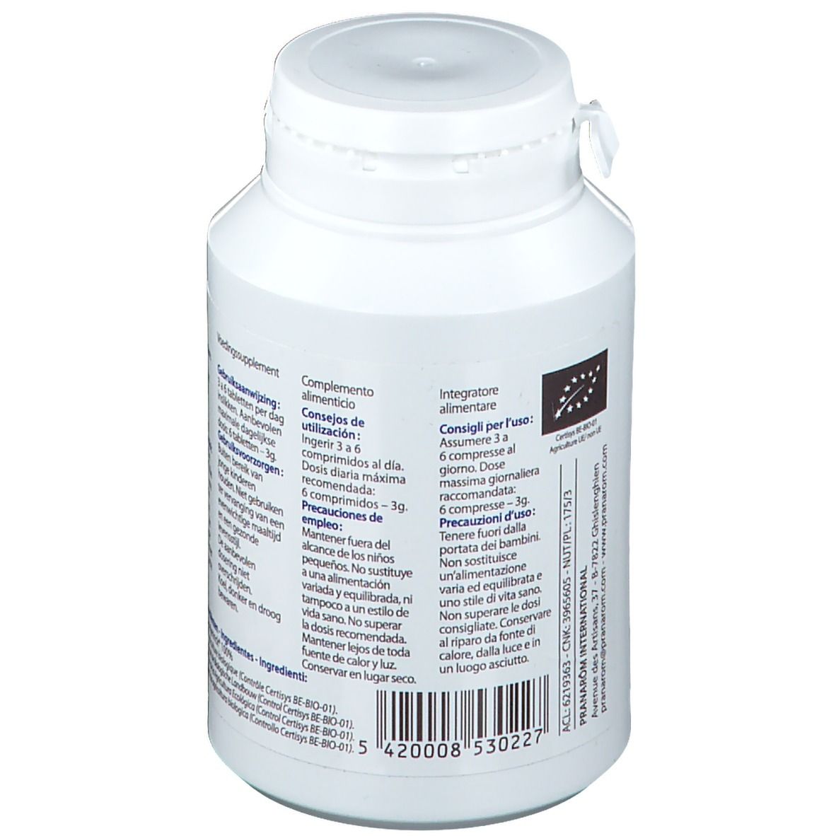 Dos du flacon blanc Pranarôm Chlorella. Texte multilingue. Certification BIO.