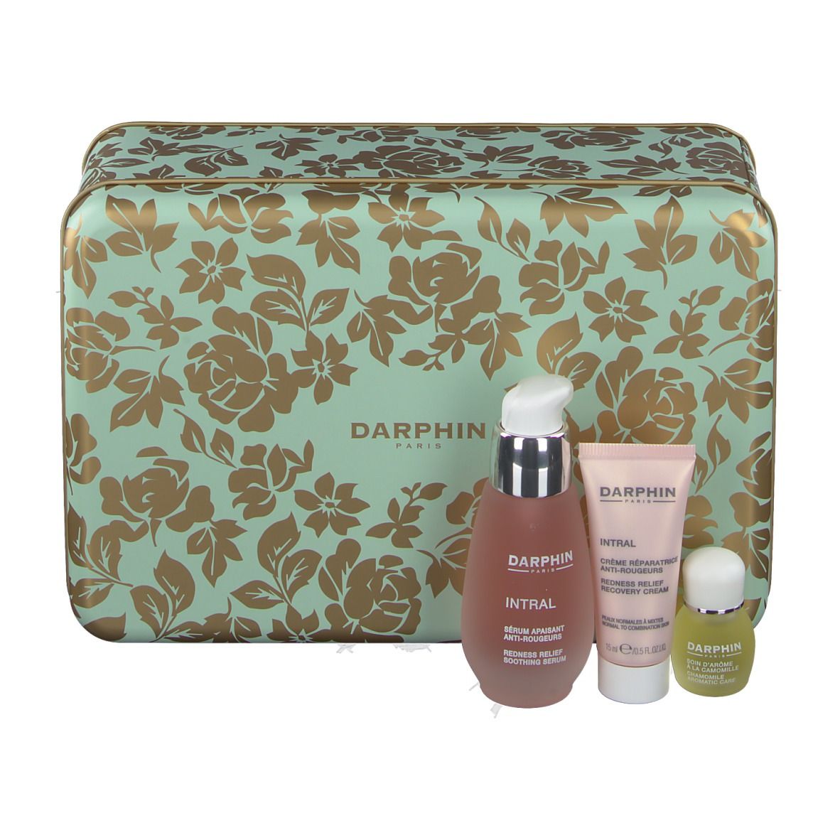 Geschenkdoos met bloemenpatroon, bevat serum, crème en olie. Merk: DARPHIN.