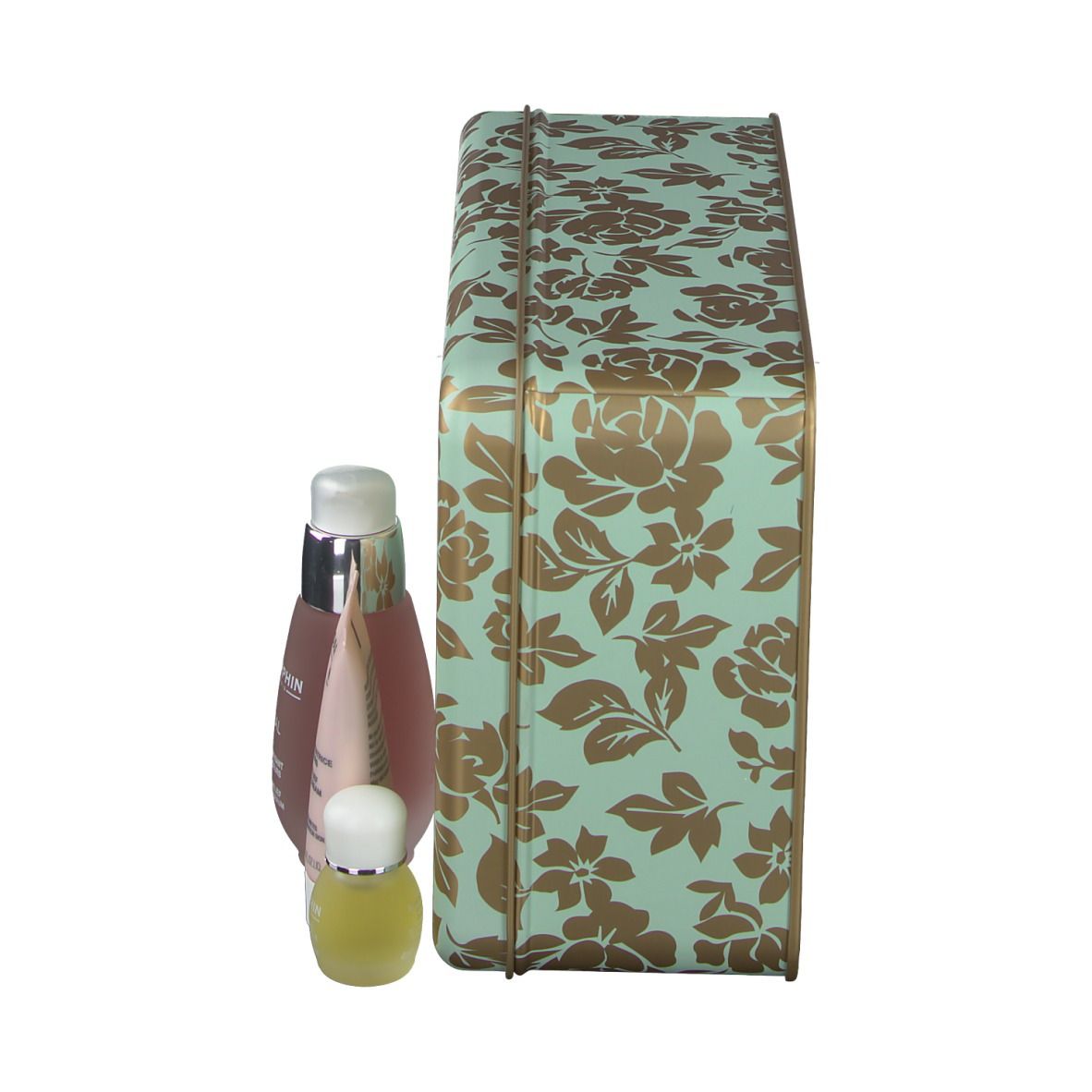 Geschenkdoos met bloemenpatroon, zijkant met producten. Merk: DARPHIN.