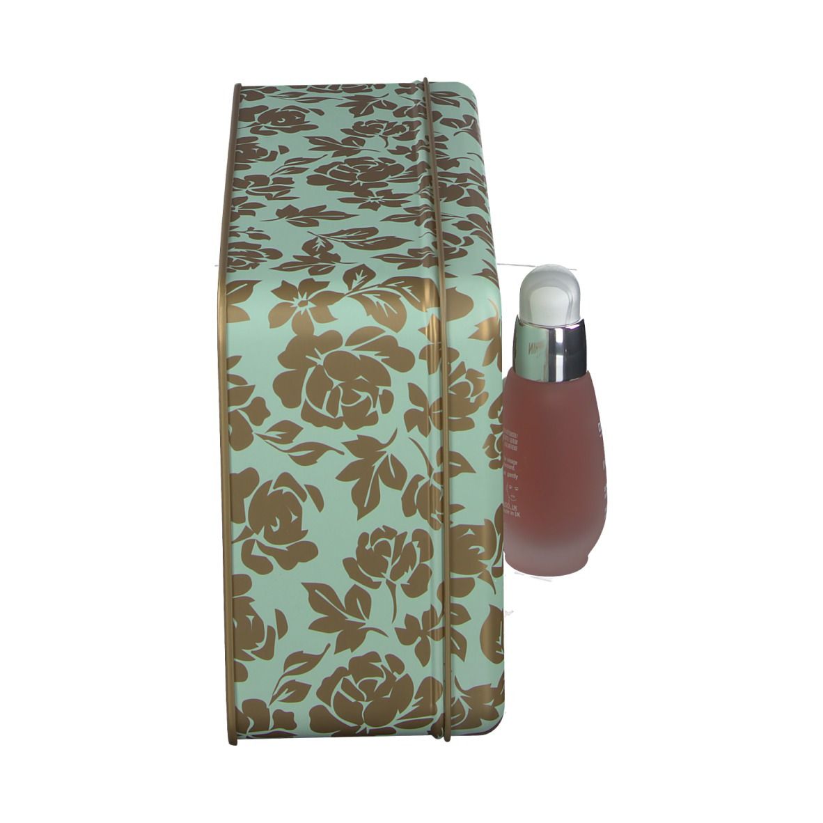 Geschenkdoos met bloemenpatroon, zijkant met serum. Merk: DARPHIN.