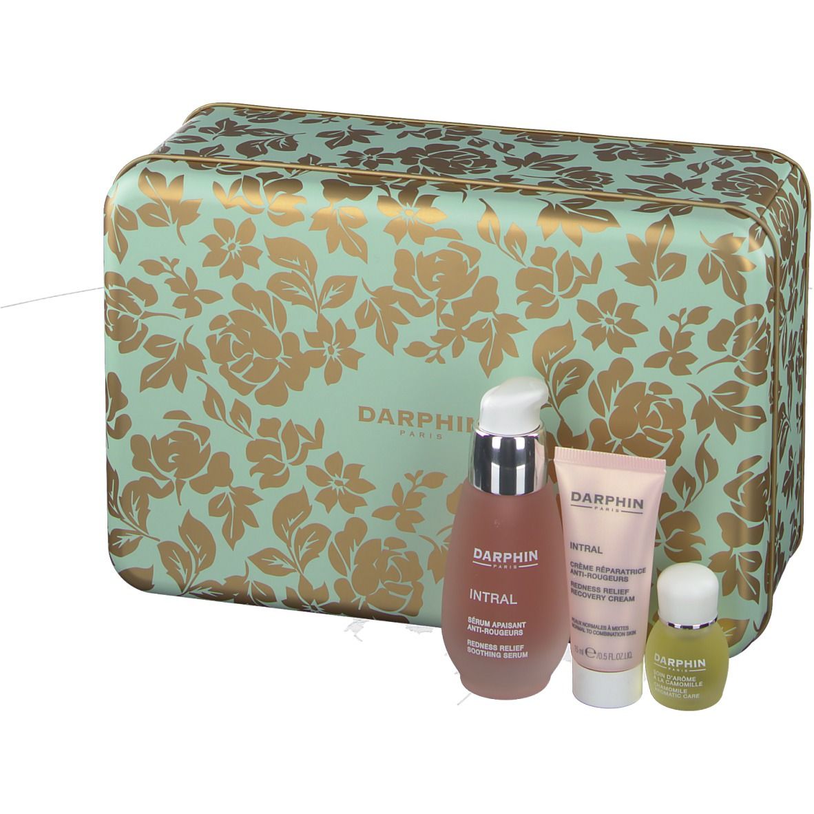 Geschenkdoos met bloemenpatroon, bevat serum, crème en olie. Merk: DARPHIN.