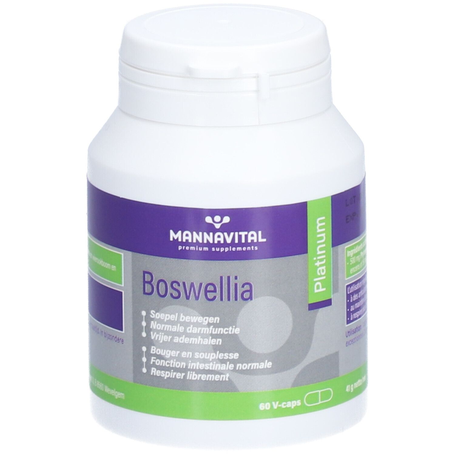 MannaVital Boswellia Platinum. Bouteille blanche avec étiquette violette. Inscription : Boswellia, Platinum. Contient 60 V-caps.