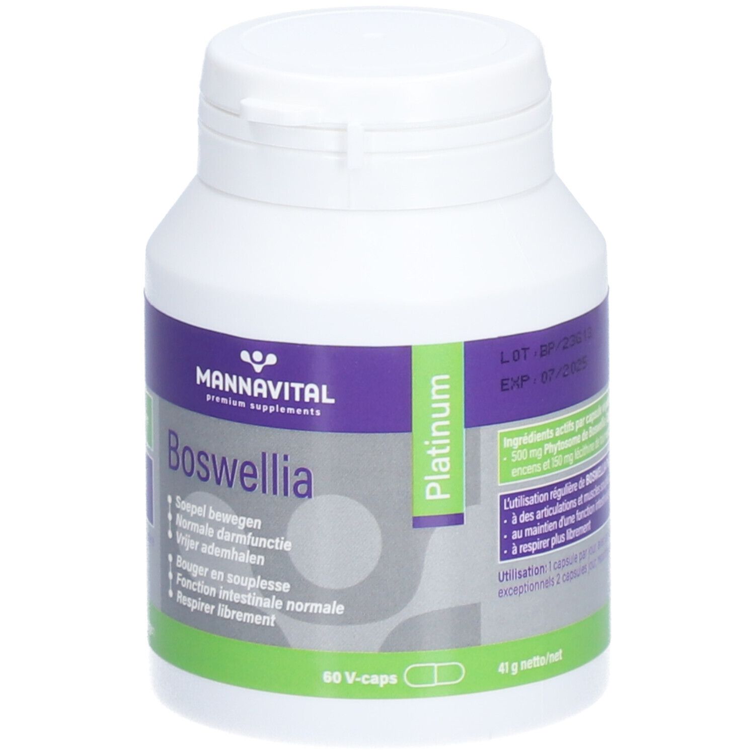 MannaVital Boswellia Platinum. Bouteille blanche avec étiquette violette. Inscription : Boswellia, Platinum. Contient 60 V-caps.