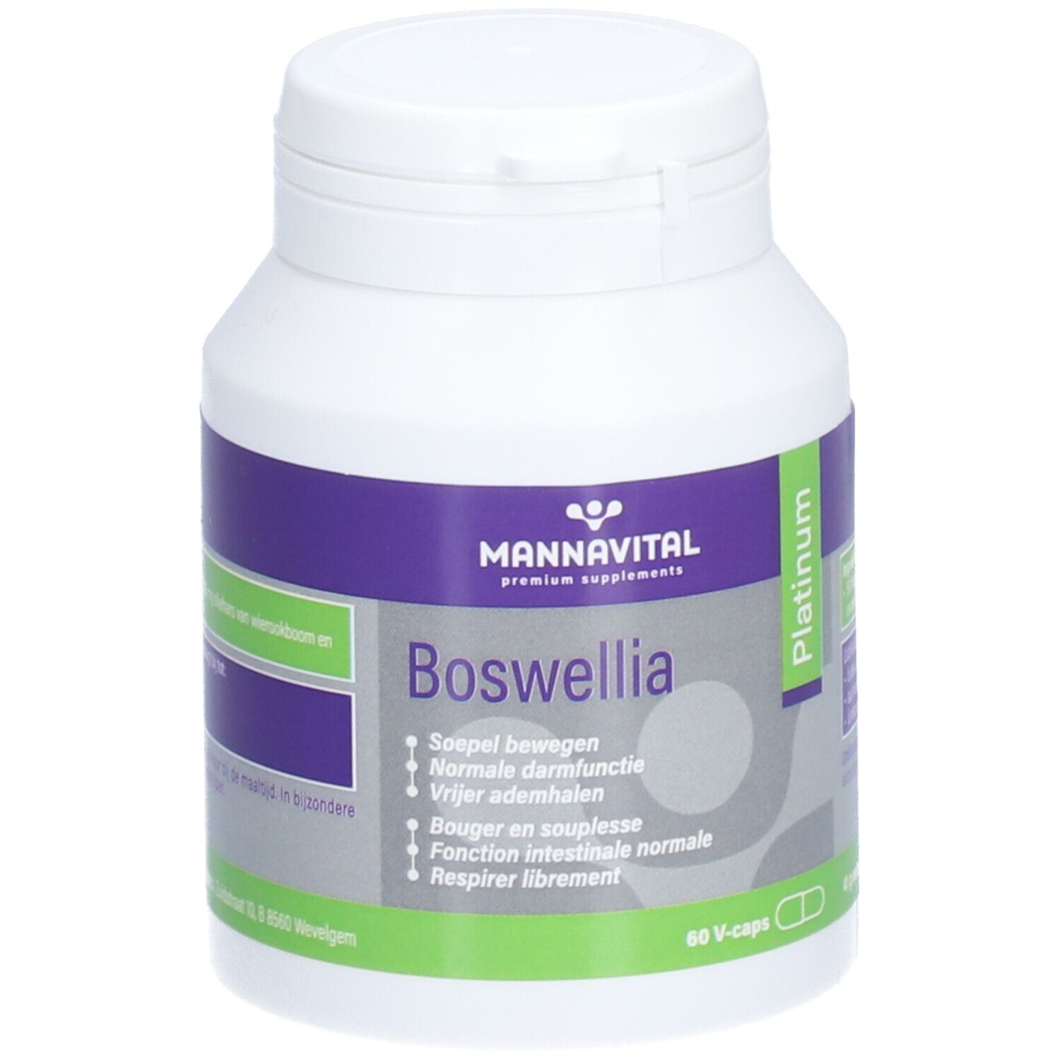 MannaVital Boswellia Platinum. Bouteille blanche avec étiquette violette. Inscription : Boswellia, Platinum. Contient 60 V-caps.