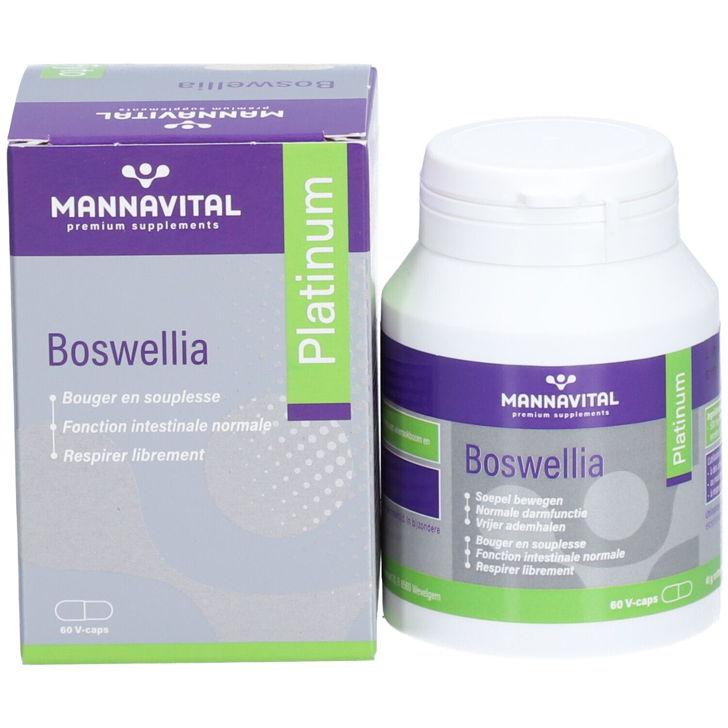 MannaVital Boswellia Platinum. Emballage et bouteille. Inscription : Boswellia, Platinum. 60 V-caps.