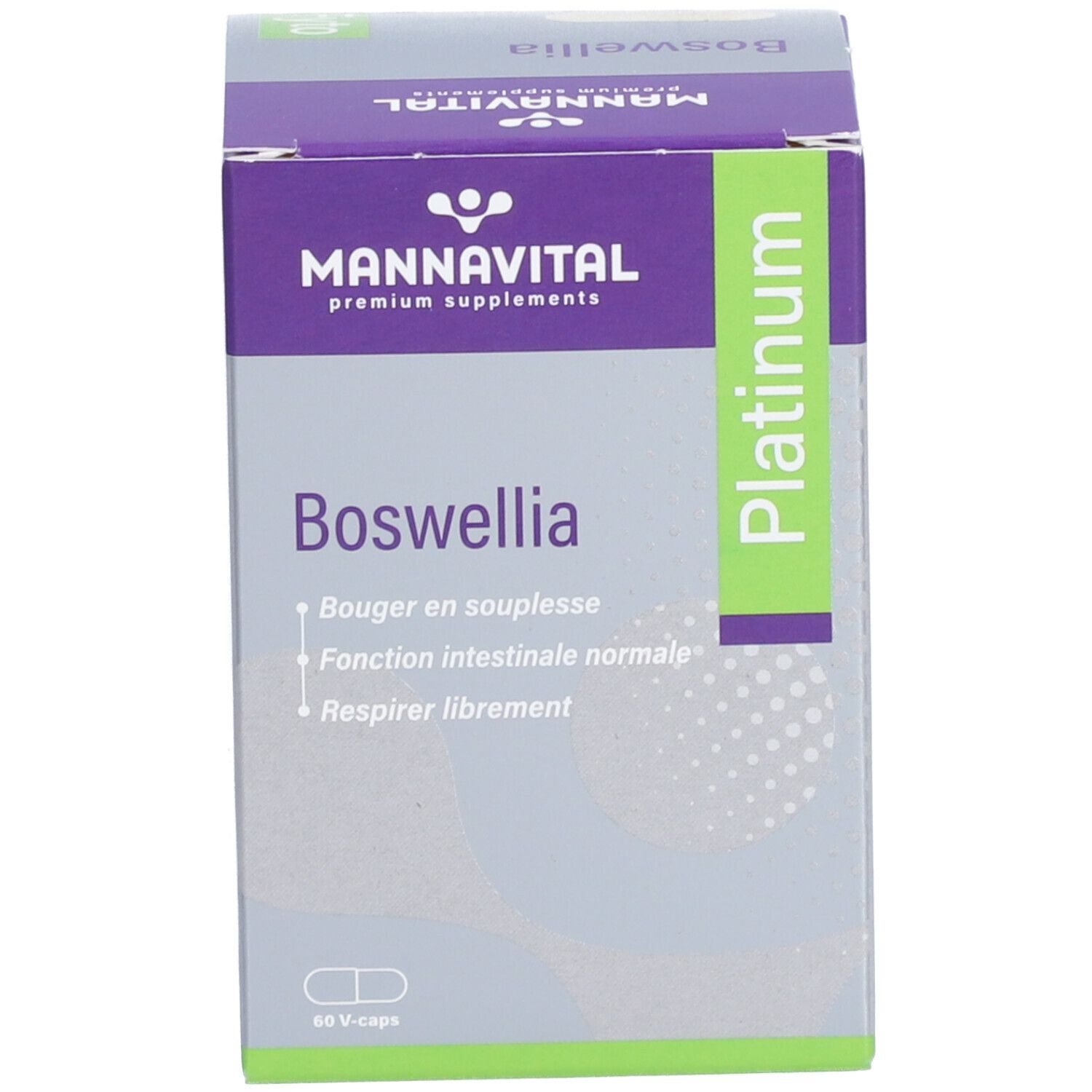 MannaVital Boswellia Platinum. Emballage du produit. Inscription : Boswellia, Platinum. 60 V-caps.