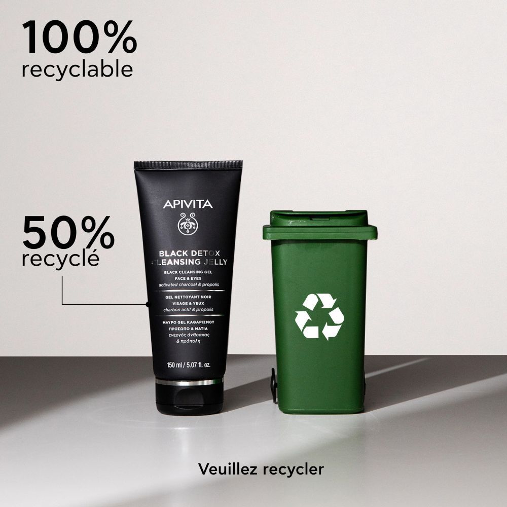 Tube à côté d'une poubelle verte. Textes: 100% recyclable, 50% recyclé. Veuillez recycler.