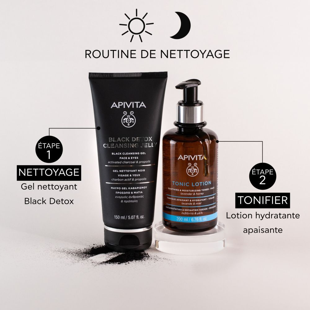 Gel nettoyant et lotion tonique. Textes: Routine de nettoyage, Etape 1: Nettoyage, Etape 2: Tonifier.