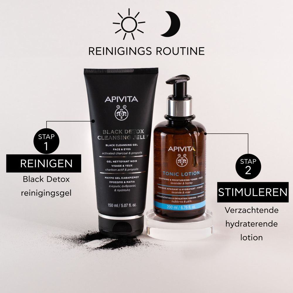 Reinigingsgel en tonic lotion. Teksten: Reinigen, Stimuleren, Reinigings routine.