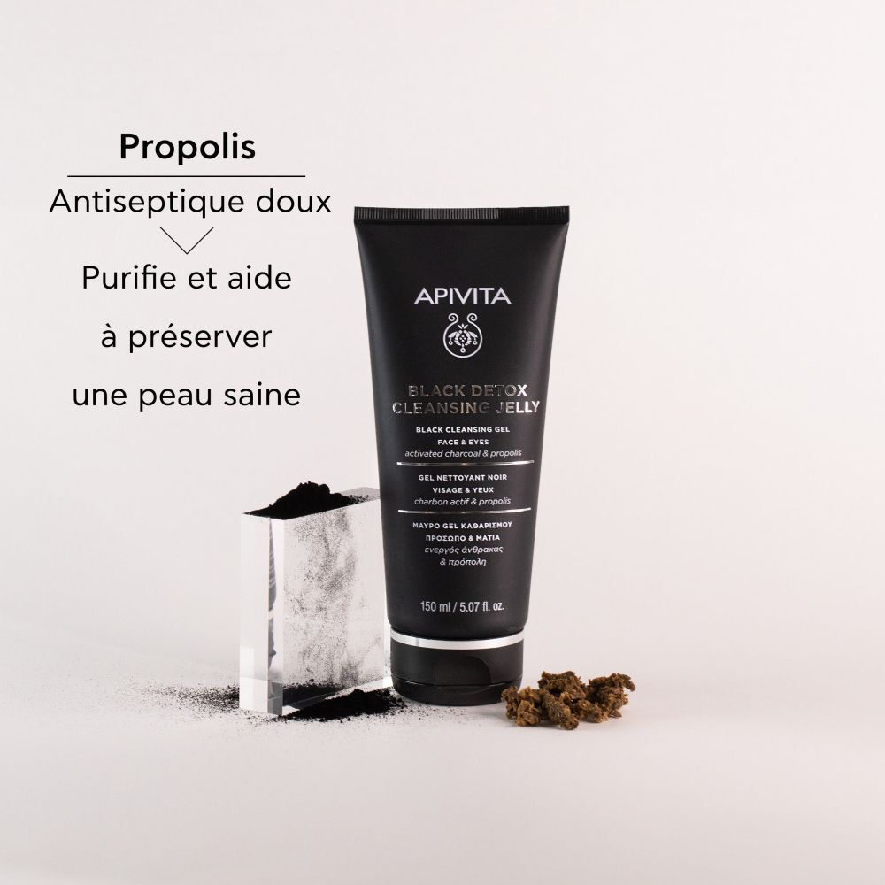 Tube à côté de propolis et charbon actif. Textes: Propolis, Purifie et aide à préserver une peau saine.