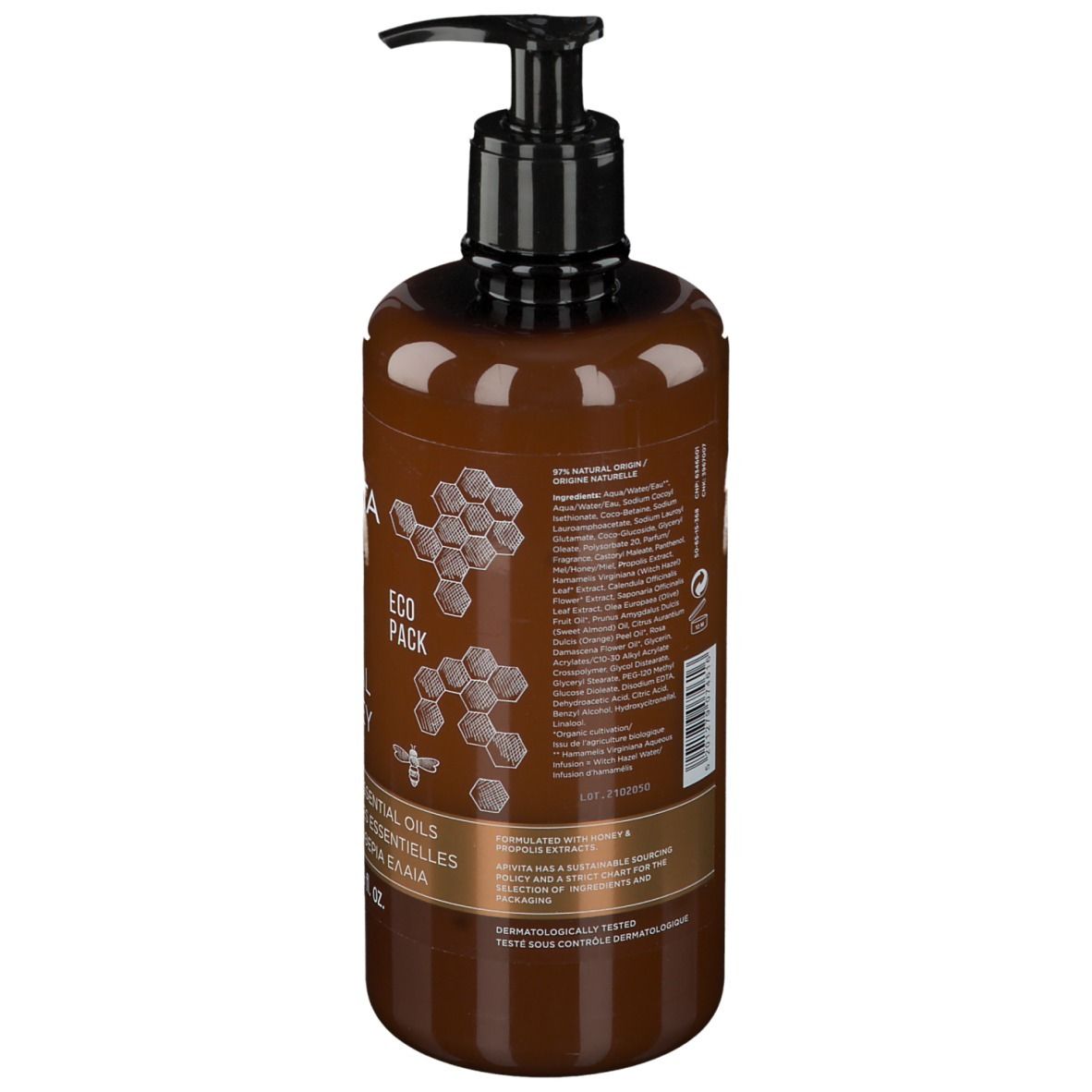 Dos du flacon marron avec texte. Pompe noire. Inscription: APIVITA ROYAL HONEY Gel douche.