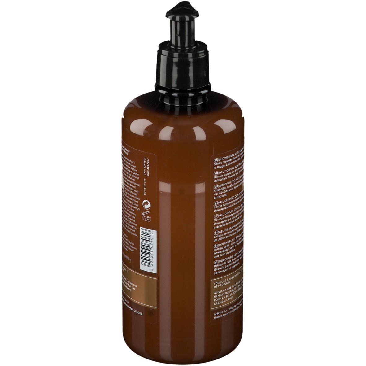 Dos du flacon marron avec texte. Pompe noire. Inscription: APIVITA ROYAL HONEY Gel douche.