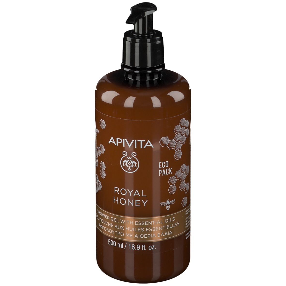 Flacon marron avec pompe noire. Inscription: APIVITA ROYAL HONEY Gel douche. 500 ml.