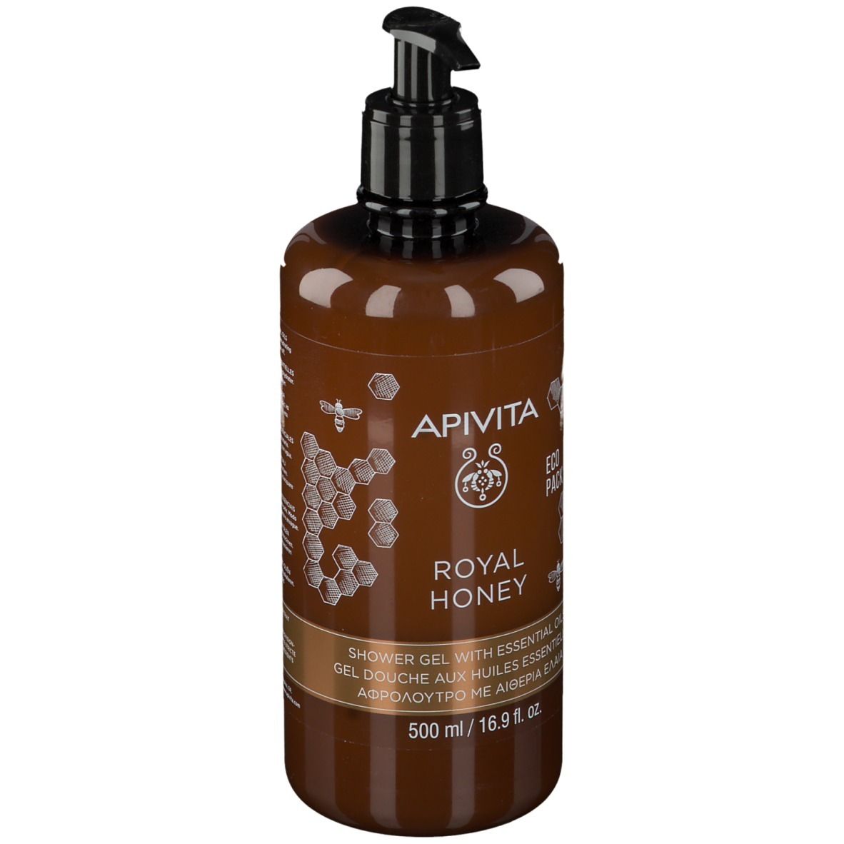 Flacon marron avec pompe noire. Inscription: APIVITA ROYAL HONEY Gel douche. 500 ml.