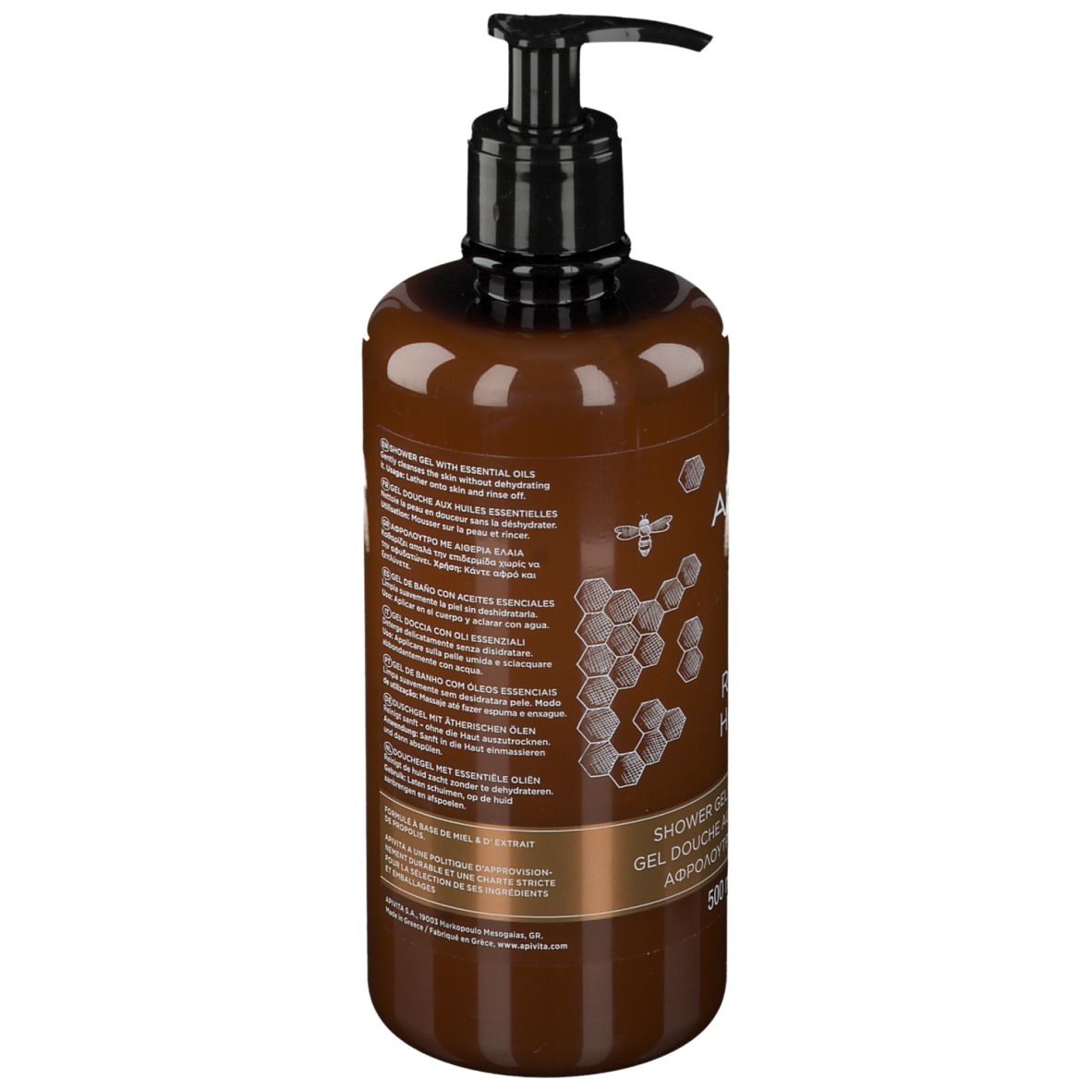 Dos du flacon marron avec texte. Pompe noire. Inscription: APIVITA ROYAL HONEY Gel douche. 500 ml.