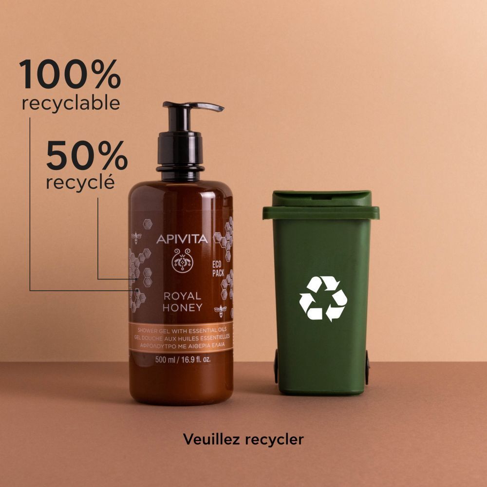 Flacon marron avec pompe noire. Poubelle à côté. Texte: 100% recyclable, 50% recyclé. APIVITA ROYAL HONEY.
