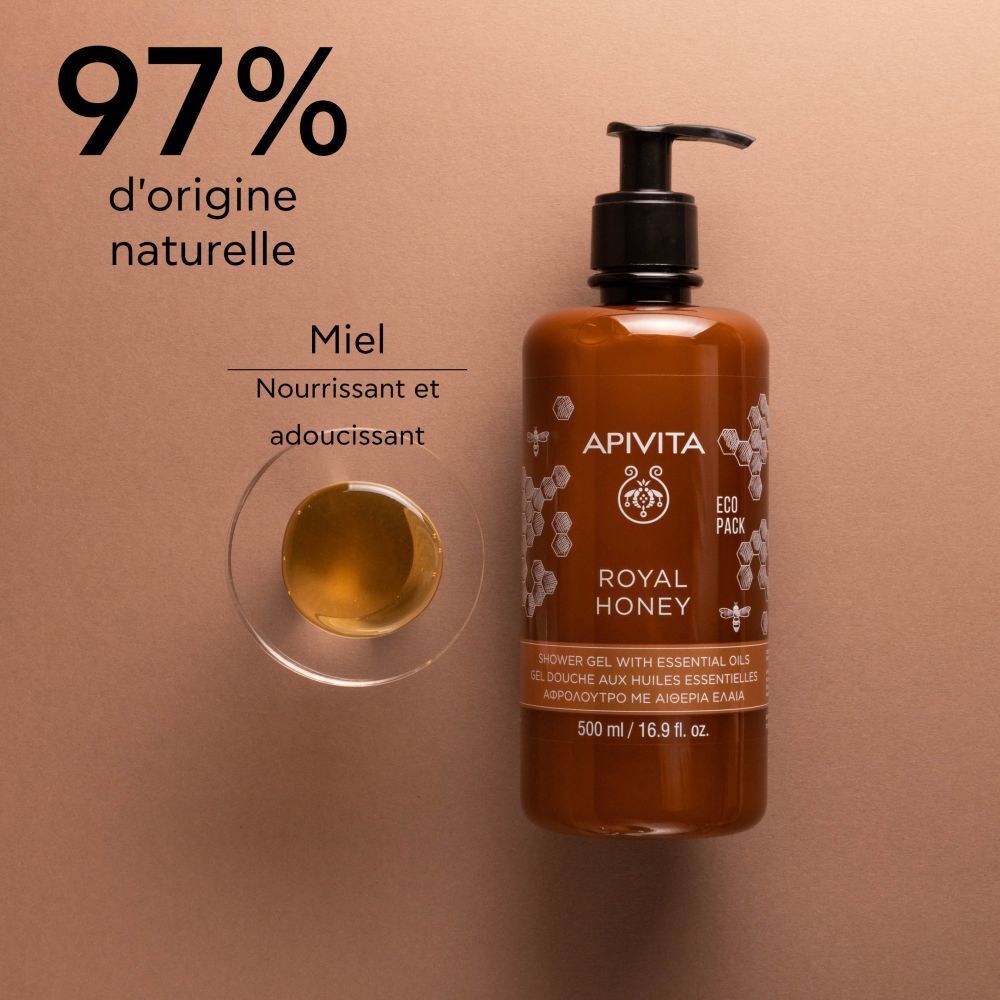 Flacon marron avec pompe noire. Miel à côté. Texte: 97% d'origine naturelle. APIVITA ROYAL HONEY.
