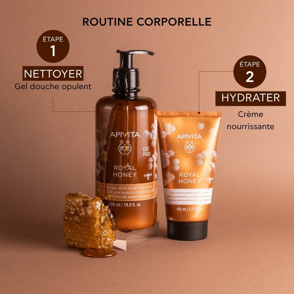 Flacon et tube marron. Rayon de miel à côté. Texte: Routine corporelle. APIVITA ROYAL HONEY.