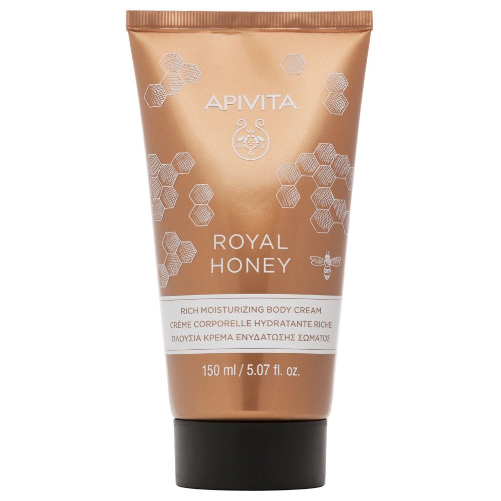 Tube de lotion pour le corps dorée. Inscription : APIVITA, ROYAL HONEY. Texte multilingue. Bouchon noir.