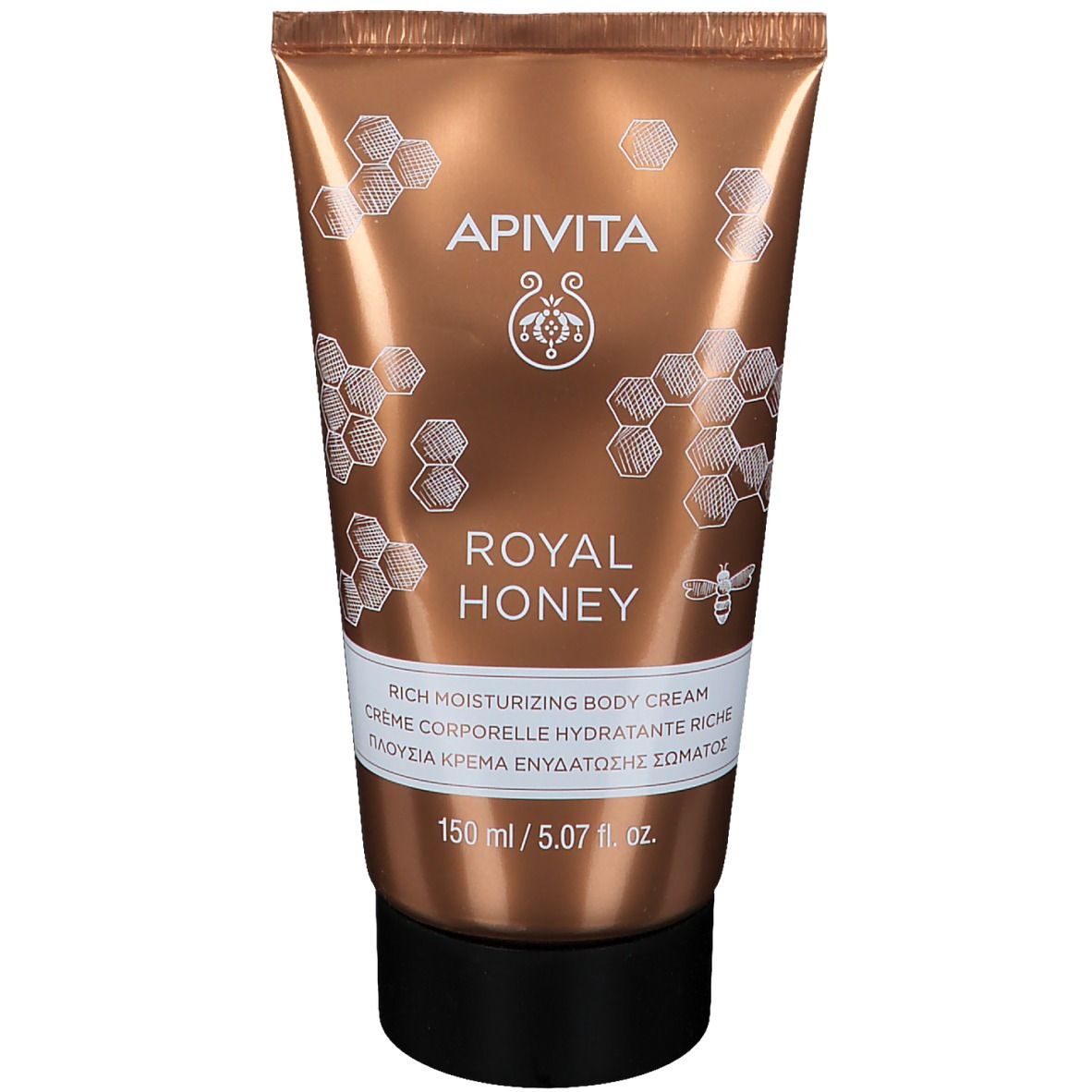 Tube de lotion pour le corps dorée. Inscription : APIVITA, ROYAL HONEY. Texte multilingue. Bouchon noir.