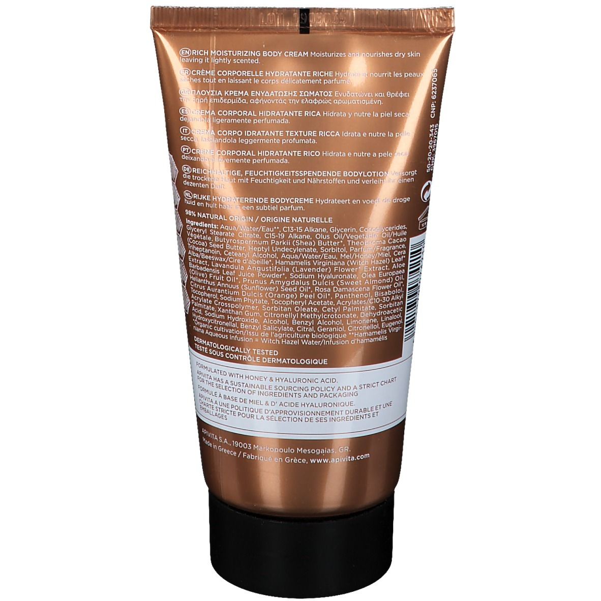 Dos du tube de lotion pour le corps. Texte multilingue. Ingrédients et informations.