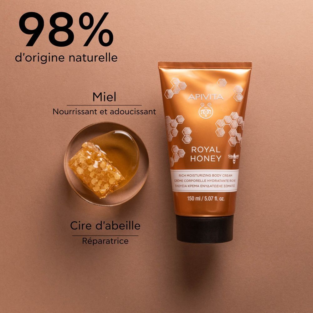 Tube de lotion pour le corps, nid d'abeilles et miel. Inscription : APIVITA, ROYAL HONEY. 98% d'origine naturelle.