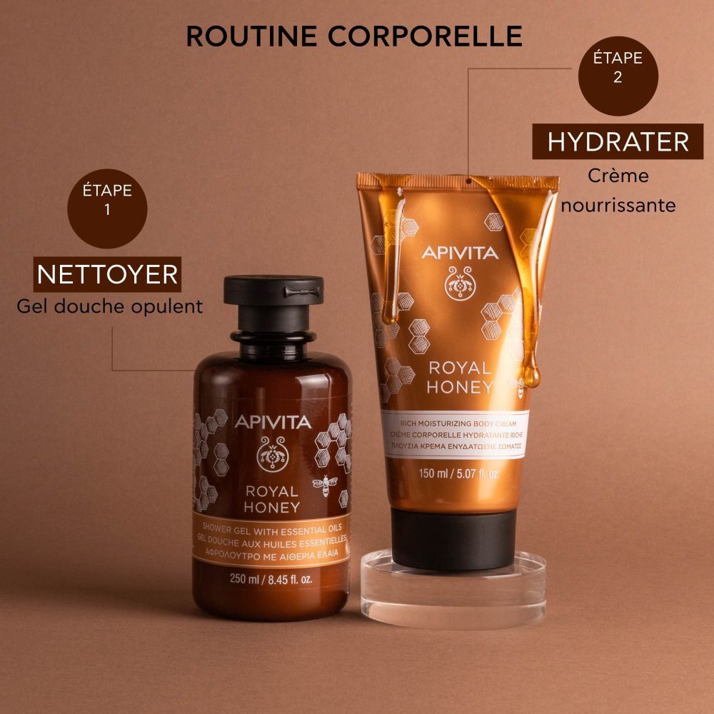 Routine de soins du corps. Gel douche et lotion pour le corps. Inscription : APIVITA, ROYAL HONEY. 250ml et 150ml.