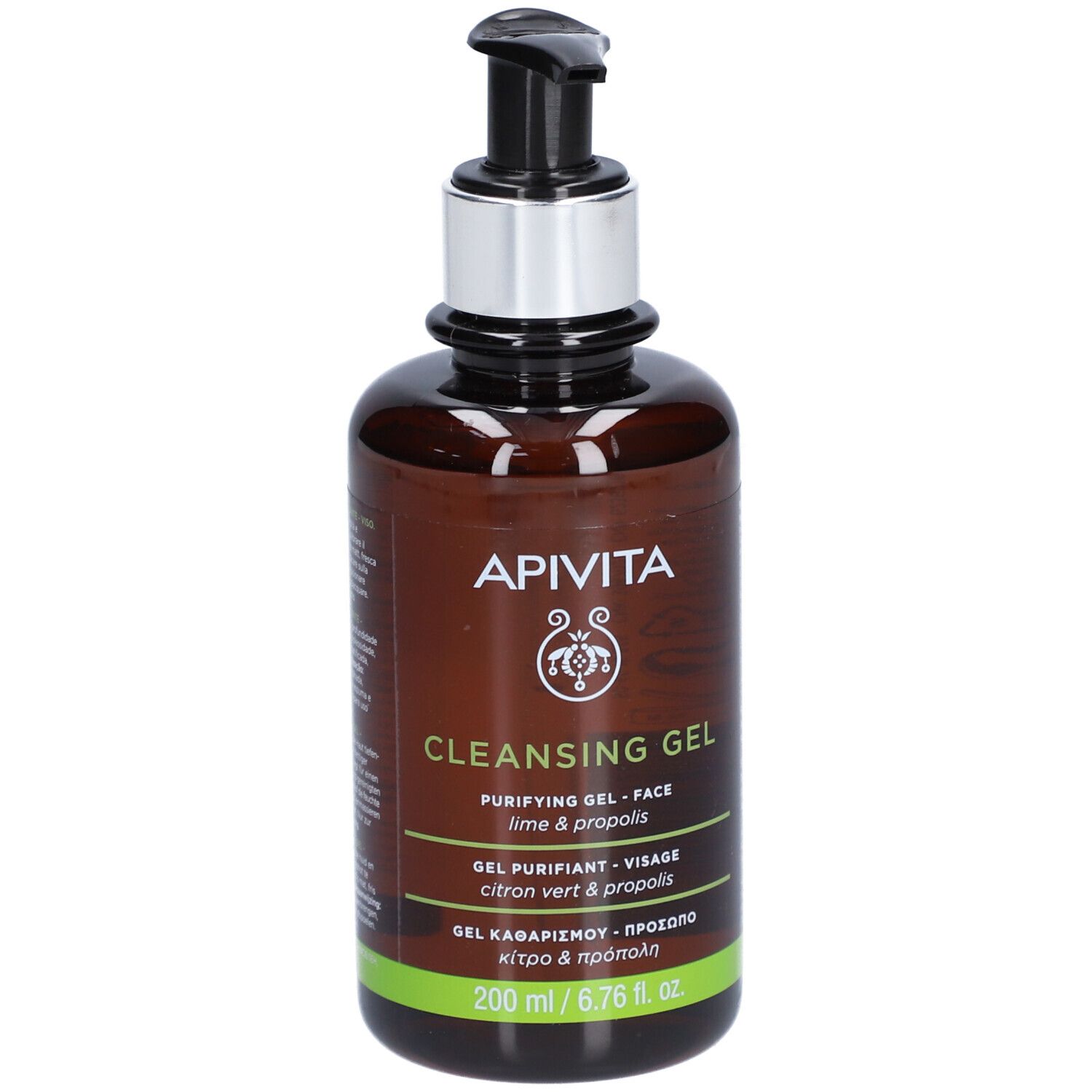 Braune Flasche mit schwarzem Pumpkopf. Aufschrift: APIVITA, Cleansing Gel, 200 ml.