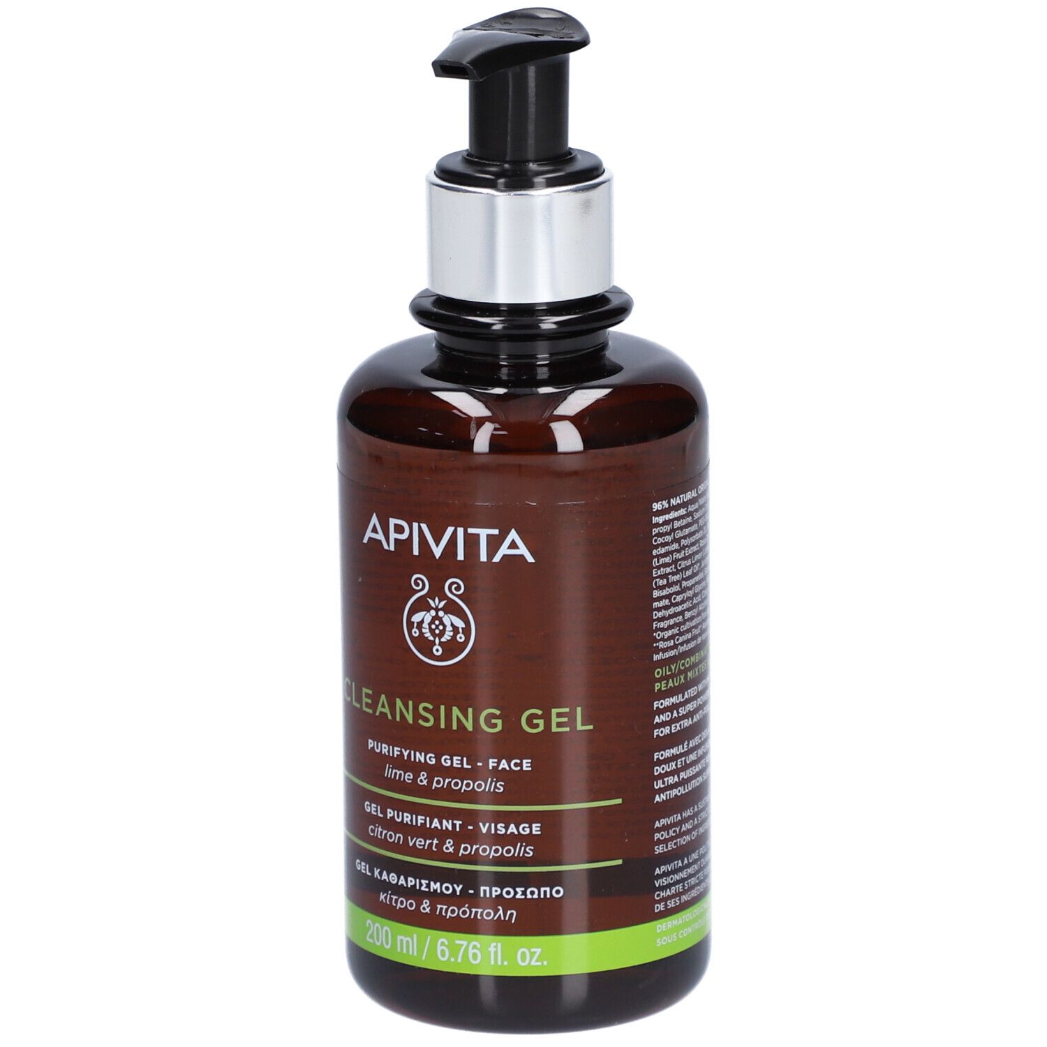Braune Flasche mit schwarzem Pumpkopf. Aufschrift: APIVITA, Cleansing Gel, 200 ml.