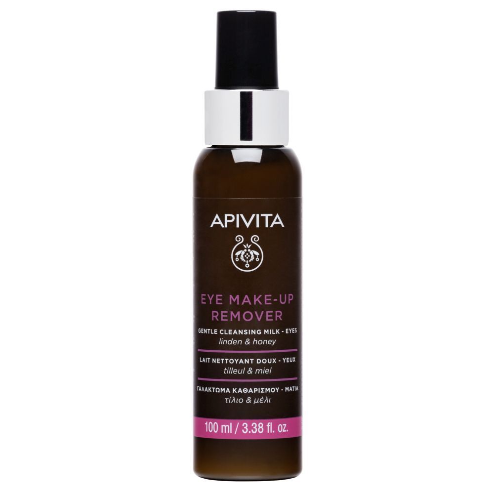 Flacon marron avec bouchon noir. Inscription: APIVITA, Eye Make-up Remover. 100 ml.