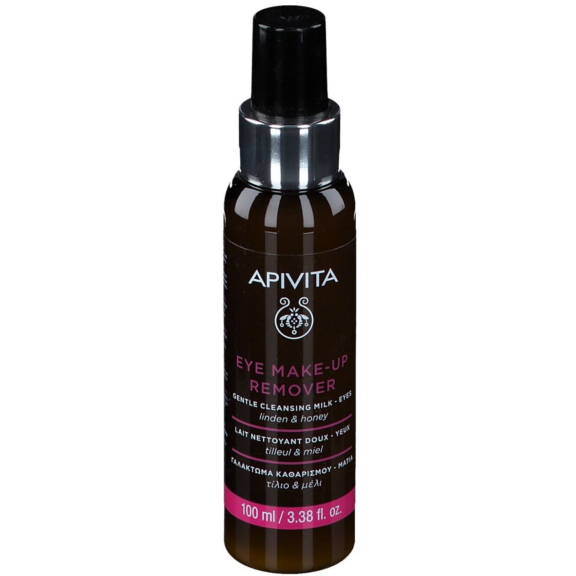 Flacon marron avec bouchon noir. Inscription: APIVITA, Eye Make-up Remover. 100 ml.