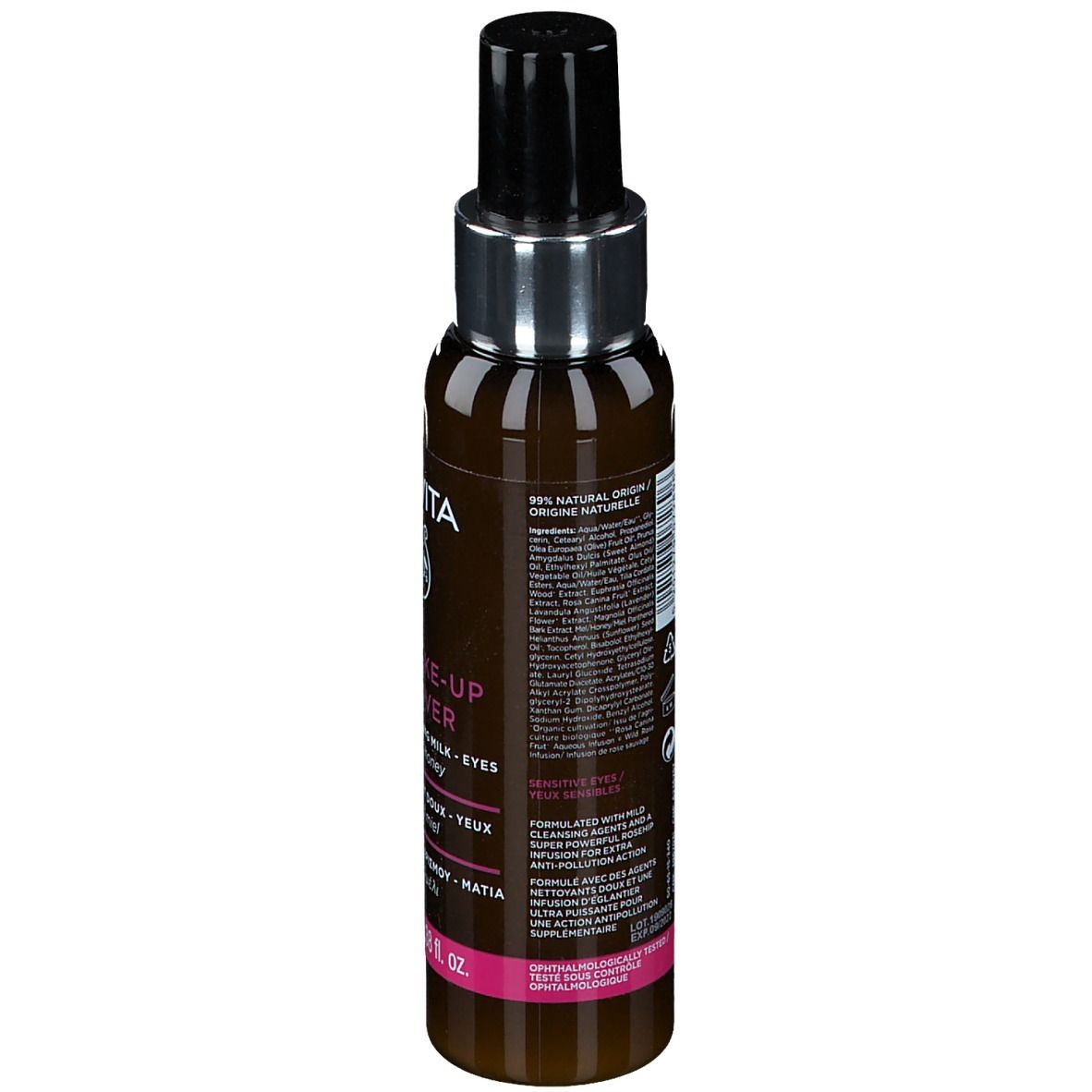 Dos du flacon marron. Texte: 99% ingrédients naturels. Informations sur le produit.