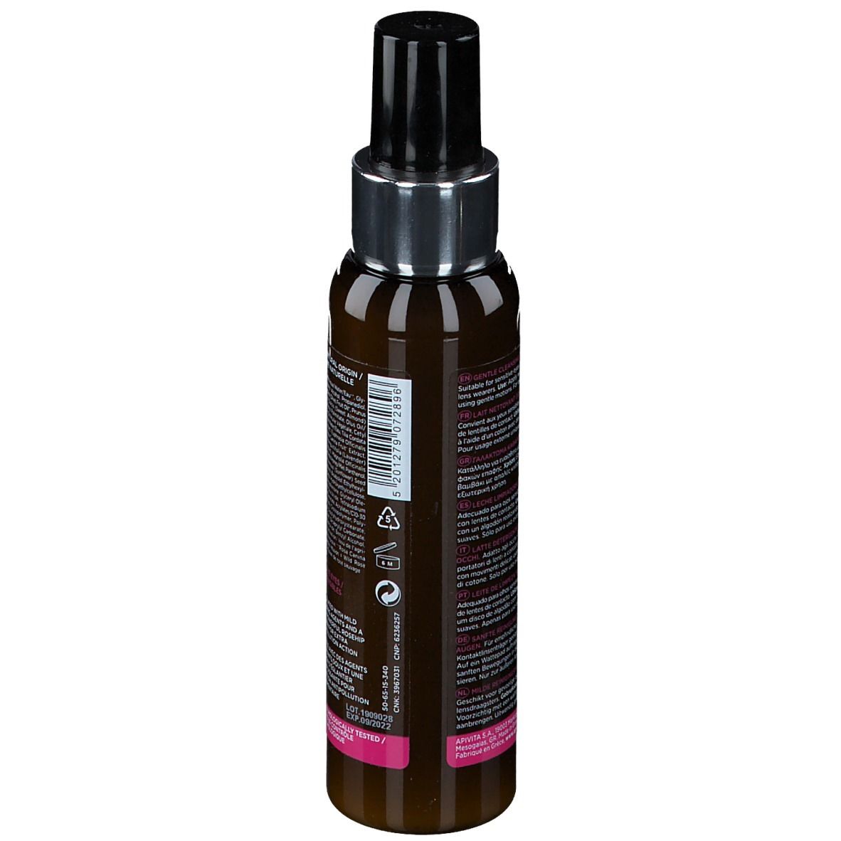 Dos du flacon marron. Texte et symboles. Informations sur le produit.