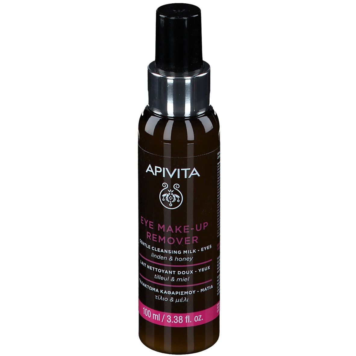 Flacon marron avec bouchon noir. Inscription: APIVITA, Eye Make-up Remover. 100 ml.