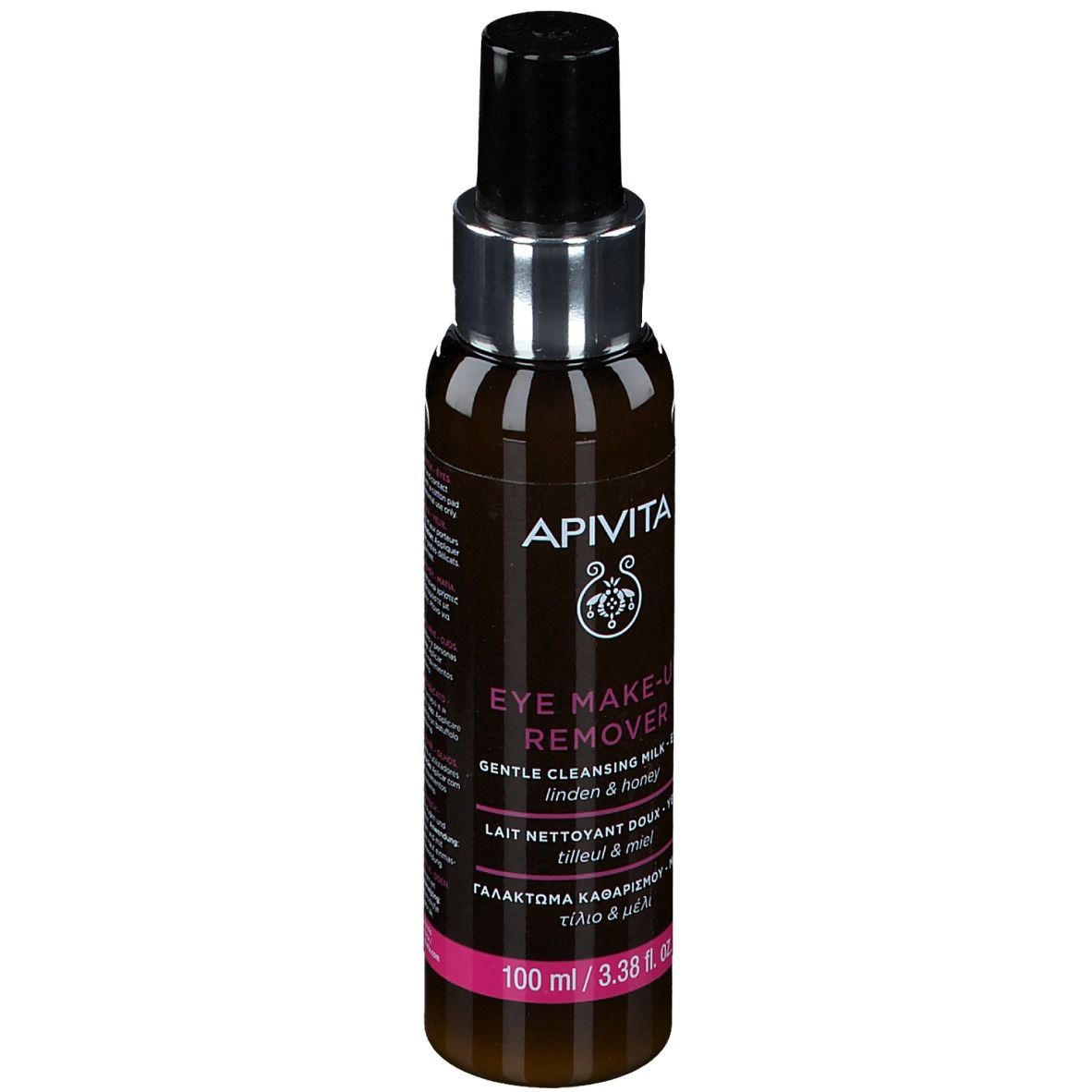 Flacon marron avec bouchon noir. Inscription: APIVITA, Eye Make-up Remover. 100 ml.