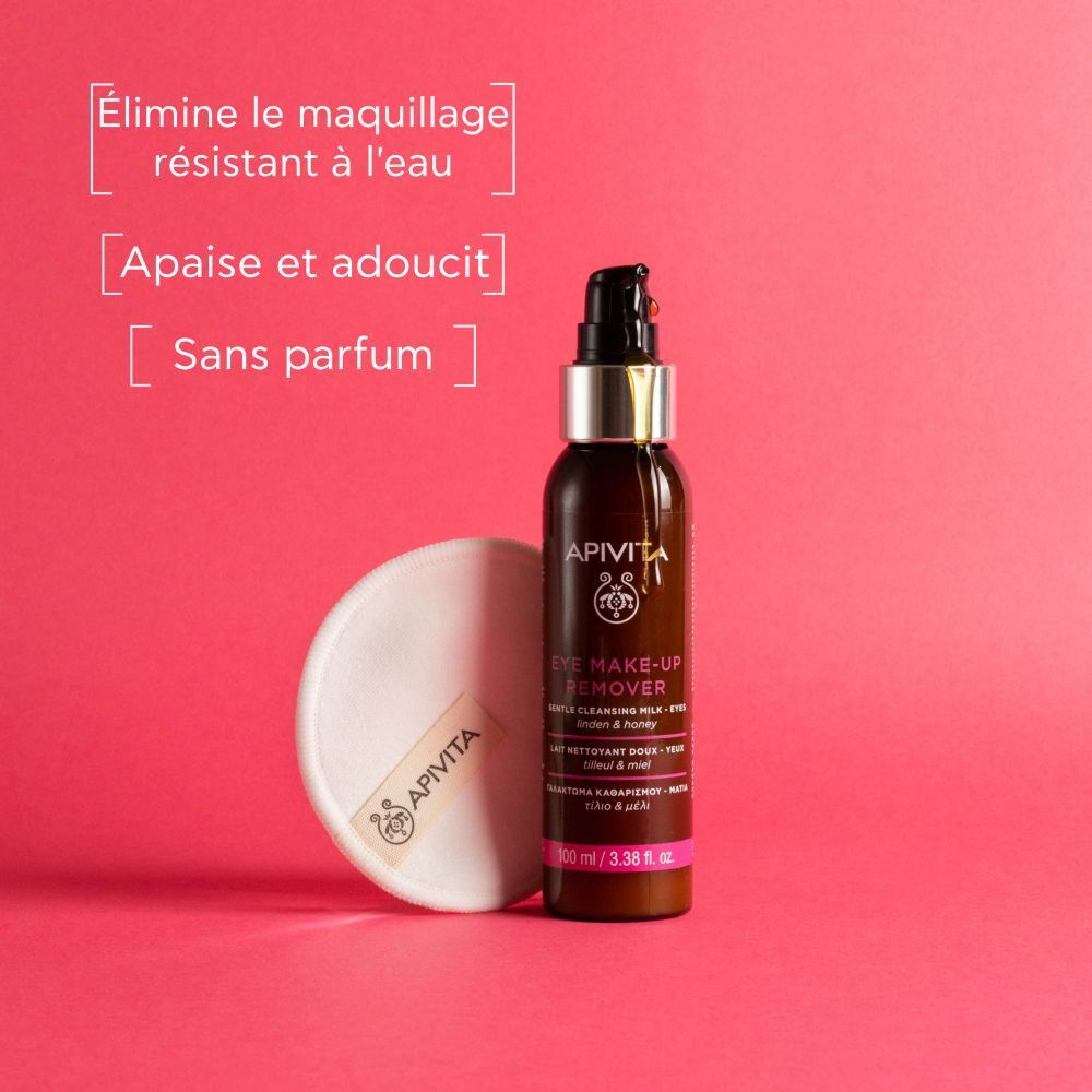 Flacon, coton et texte. Élimine le maquillage résistant à l'eau. Apaise et adoucit. Sans parfum.