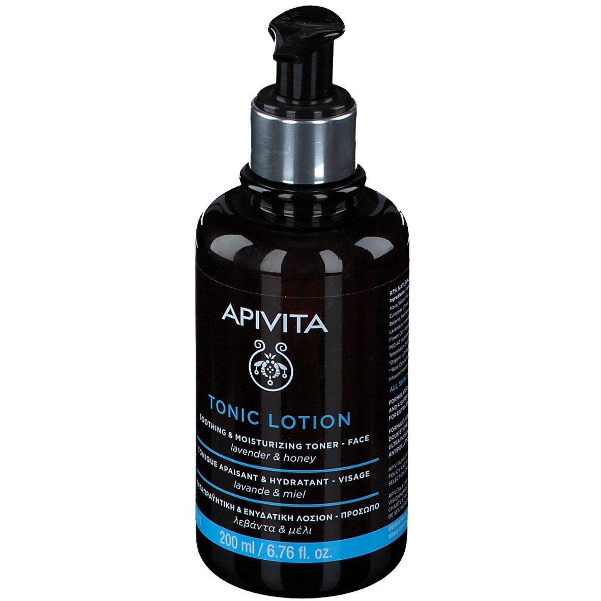Braune Flasche mit schwarzem Pumpkopf. Aufschrift: APIVITA TONIC LOTION. 200 ml.