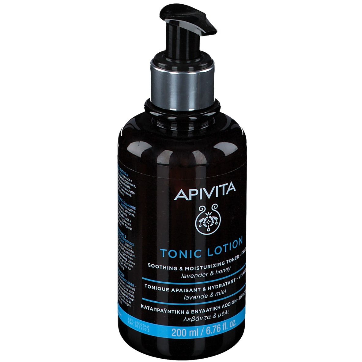 Braune Flasche mit schwarzem Pumpkopf. Aufschrift: APIVITA TONIC LOTION. 200 ml.