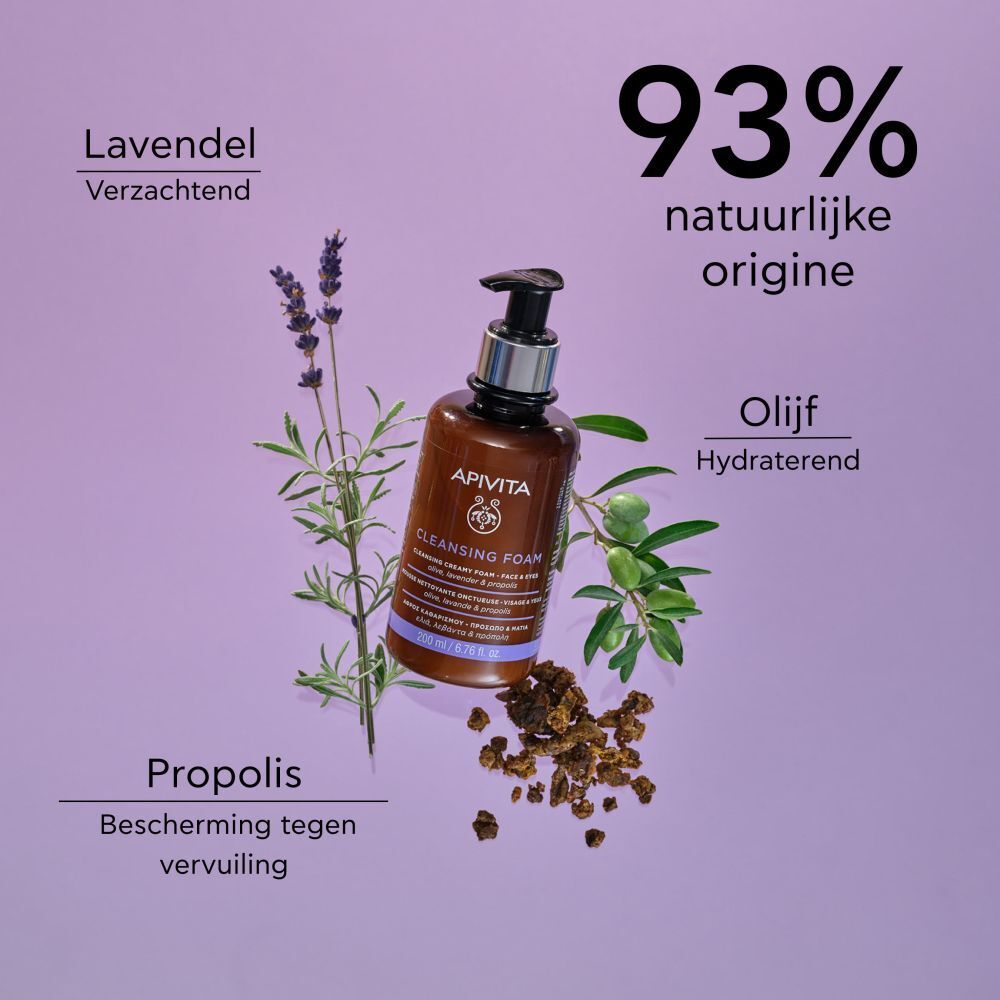 Twee flessen met lavendel, olijftak en propolis. Tekst: Reinigingsroutine.